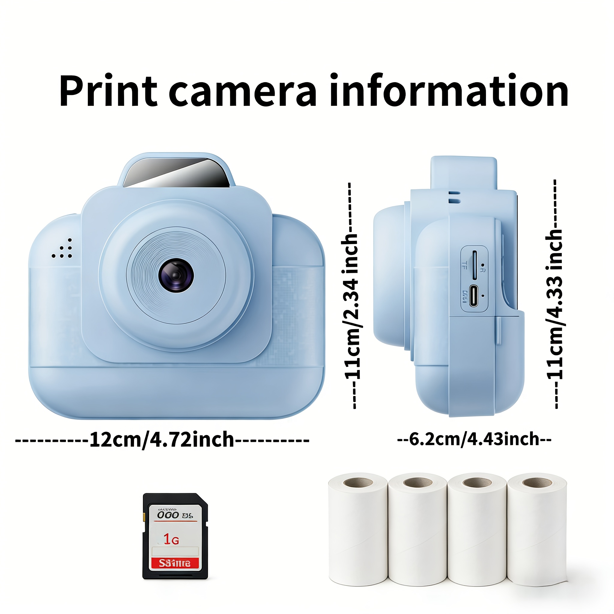 Printer Paper - เครื่องพิมพ์ภาพถ่ายแบบพกพา (สีน้ำเงิน) พร้อมแบตเตอรี่แบบชาร์จได้ และกระดาษความร้อน 4 ม้วน